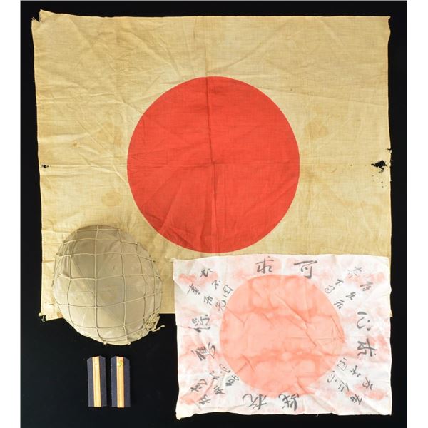 WWII JAPANESE HELMET, 2 FLAGS & SHOULDER STRAPS.