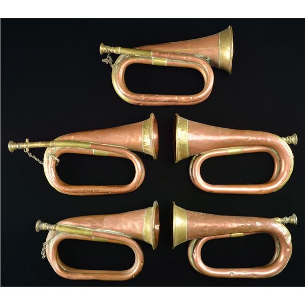 5 BRITISH WWI ERA BUGLES.