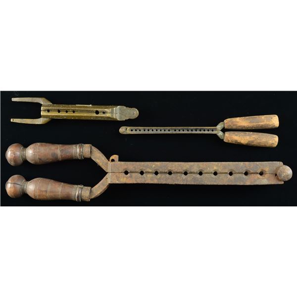 THREE 18TH-19TH CENTURY BULLET GANG MOLDS.