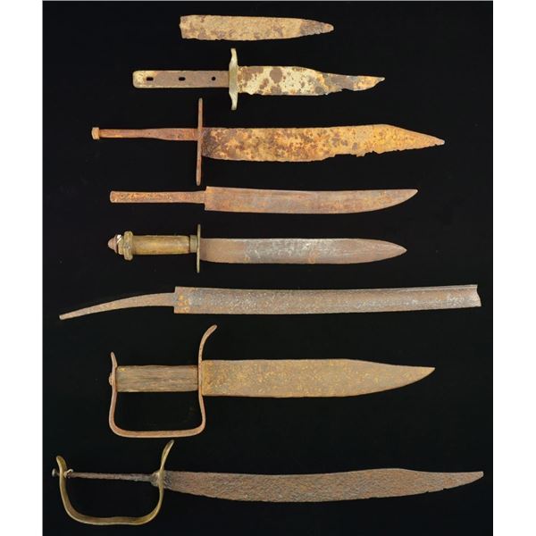 8 EXCAVATED KNIVES, SWORDS & PARTS.
