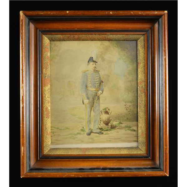 FRAMED MILITIA OFFICER HAND COLORED ALBUMEN PHOTO.
