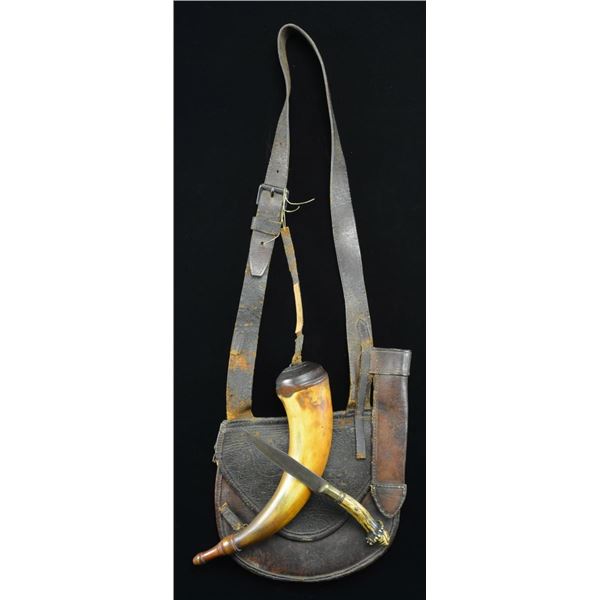 UNMARKED CONTEMPORARY POWDER HORN, KNIFE &