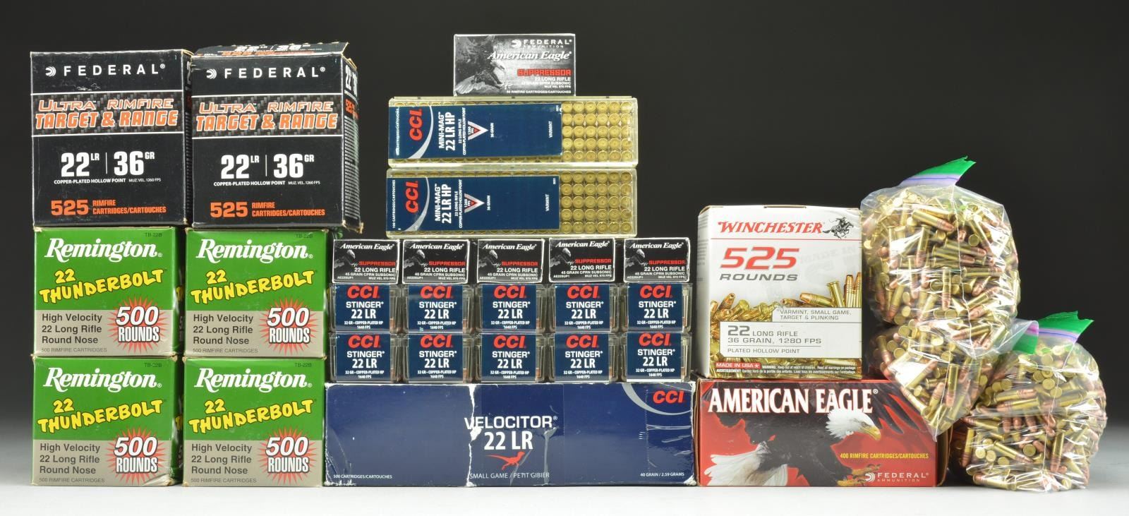 8,425+ RDS (27 BOXES) 22 LR AMMO.