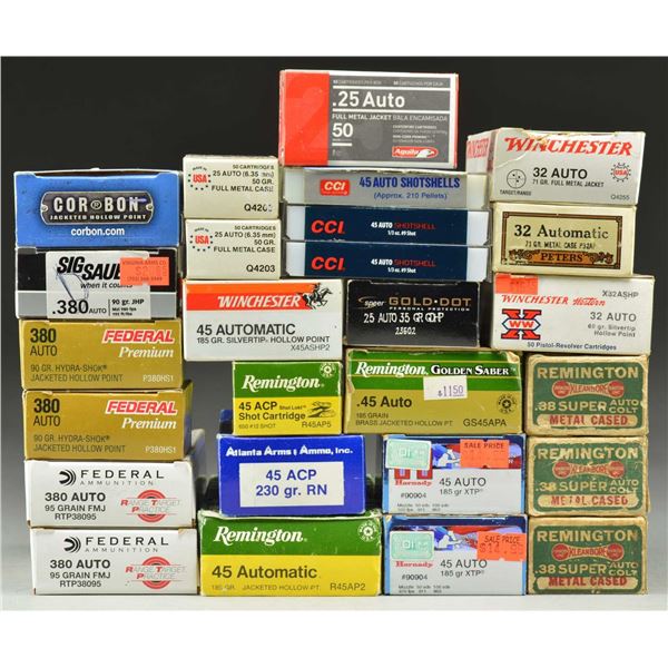 26 BOXES OF ASSORTED PISTOL AMMO.