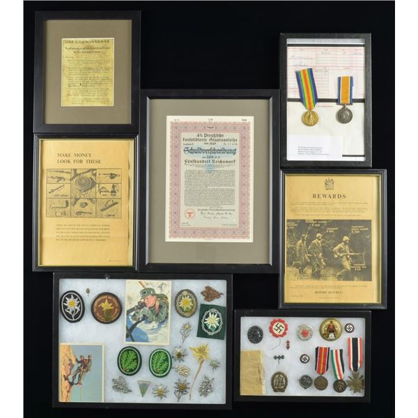 WWII GERMAN MILITARIA, 2 BRITISH MEDALS & VARIOUS