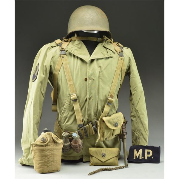 US WWII M-41 FIELD JACKET, BELT, HELMET &