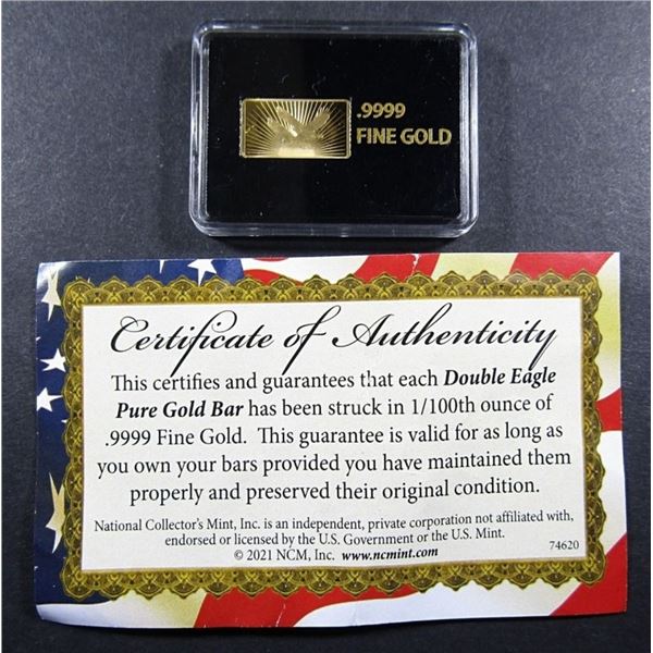 1/100 oz DOUBLE EAGLE GOLD BAR WITH COA
