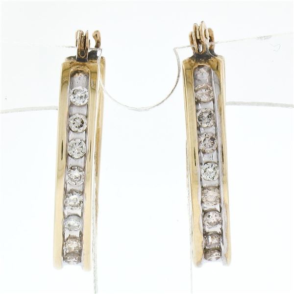 14K Yellow Gold 0.35 ctw Channel Round Champagne Diamond Snap Oval Hoop Earrings