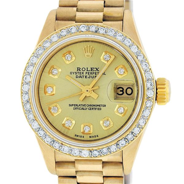 Rolex Ladies 18K Yellow Gold Champagne Diamond President Wristwatch