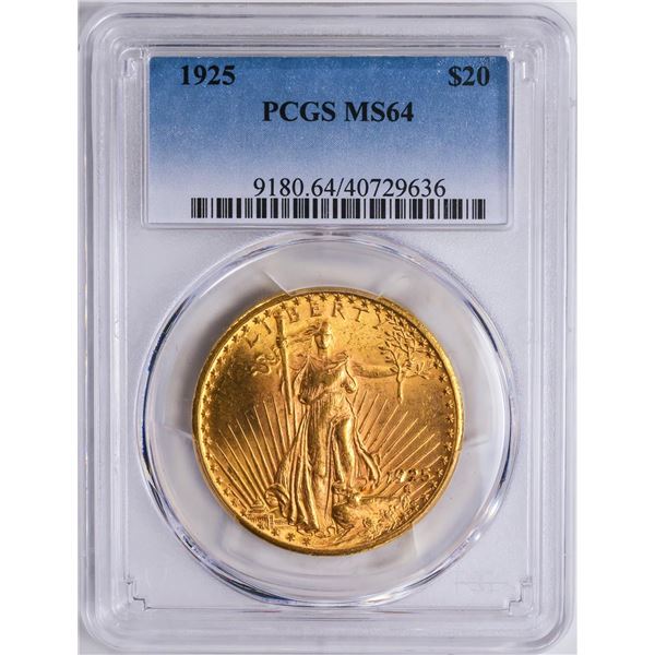 1925 $20 St. Gaudens Double Eagle Gold Coin PCGS MS64