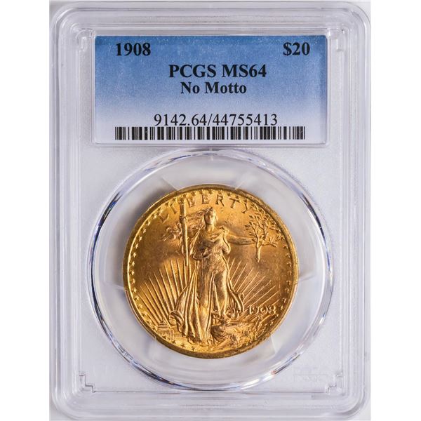 1908 $20 St. Gaudens Double Eagle Gold Coin PCGS MS64