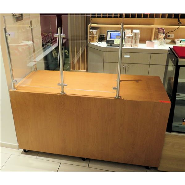 Wooden Counter w/ Back Shelving, Metal Frame & Clear Panels 60