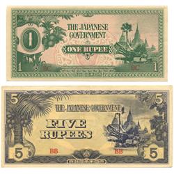 1942 WW2 Japanese Occupation 1 & 5 Rupees   (COI-1038)