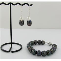 Saltwater Black Pearl with White Pearl Accent Bracelet & Earring Set (JEW-1521)