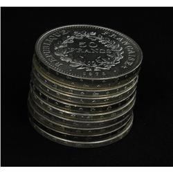 1974-79 France Silver 50 Francs Unsearched Stack of 10 Mostly BU 8.7 Ounces Silver! (COI-5236)