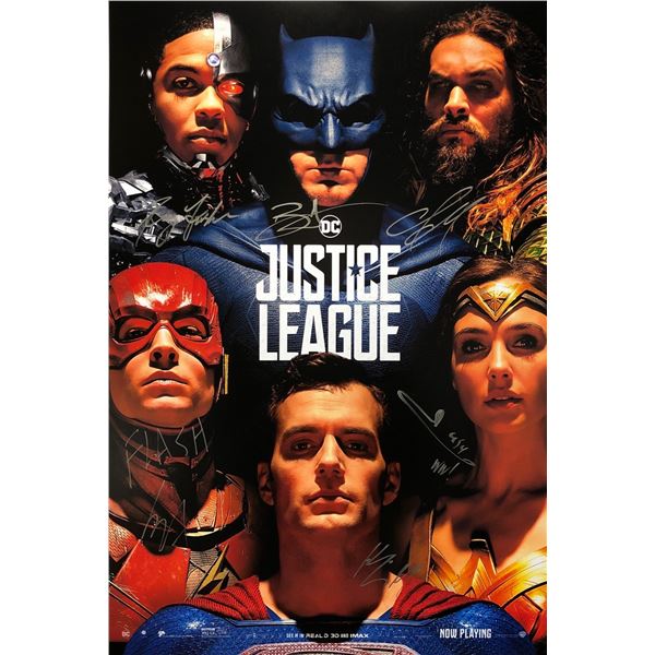 Justice League Poster Ben Affleck Gal Gadot Jason Momoa Henry Cavill Ezra Miller Autographed Signed
