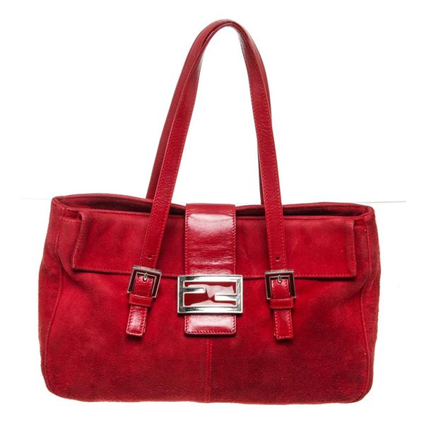 Fendi Red Leather Zucca Mama Baugette Shoulder Bag
