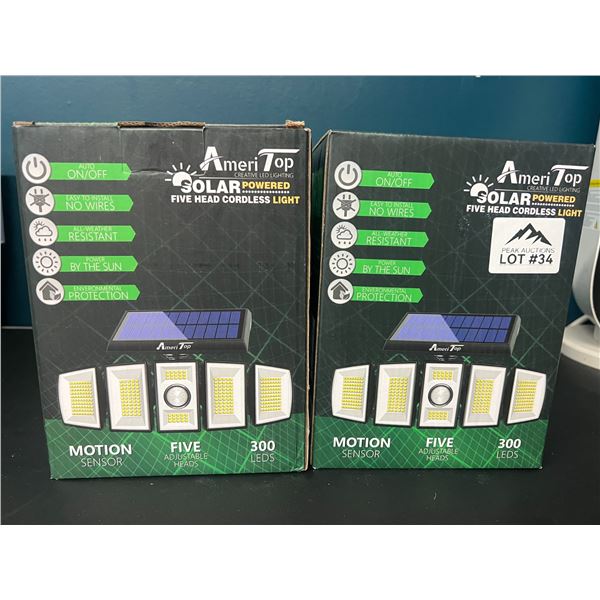 Lot of 2 AmeriTop Solar Powered Five Head Cordless LED Motion Sensor Lights