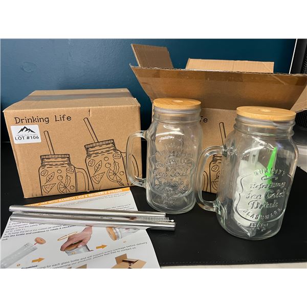 Lot of 2 Packs of Glass Mason Jar Drinking Cups with Bamboo Lids & Reusable Straw (4 mugs)