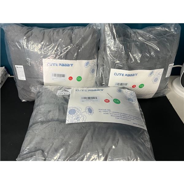 Lot of 3 Women's Hooded Grey Plush Bath Robes (Sizes Small, Medium, & XL)