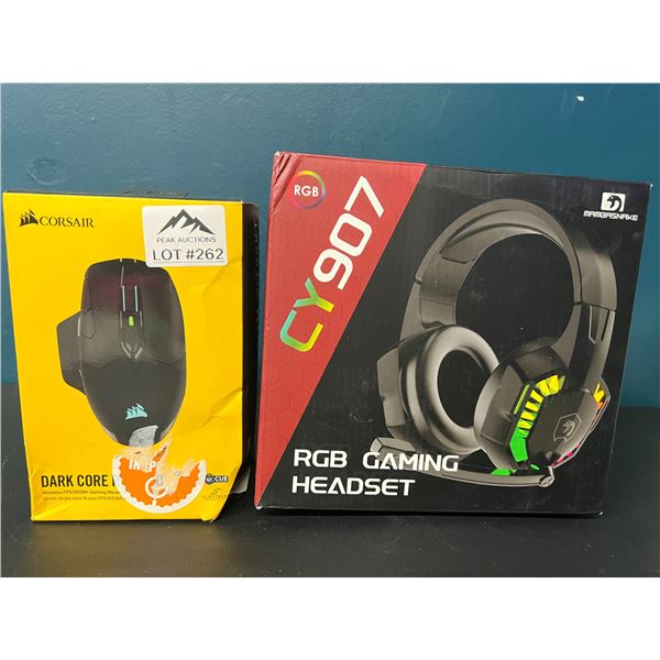 Lot of 1 Corsair Dark Core RGB Pro Wireless Gaming Mouse & 1 RGB Gaming Headset