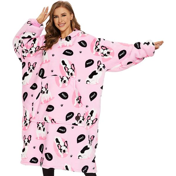 Lot of 1 Wearable Blanket Oversized Sherpa Hoodie - Pink BullDog Design by Three Poodle