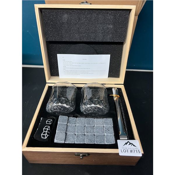 Lot of 1 Whiskey Stone Set w/ Glasses and Wooden Case