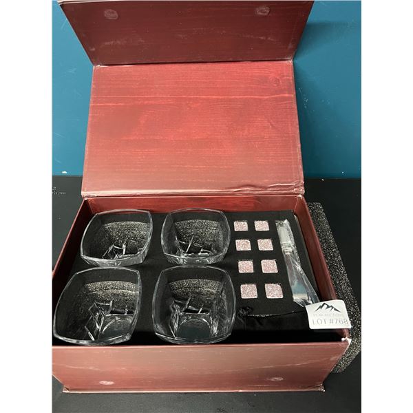 Lot of 1 Glass Whiskey Stone Set w/ Wooden Case