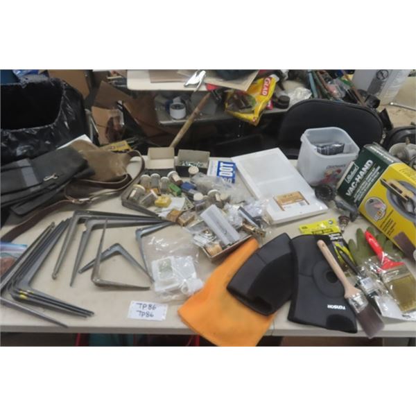 Assorted Hardwares; Paint Brushes, Shelf Brackets, Drywall Sander Kit, Nails, Tacks, Tool Pouches