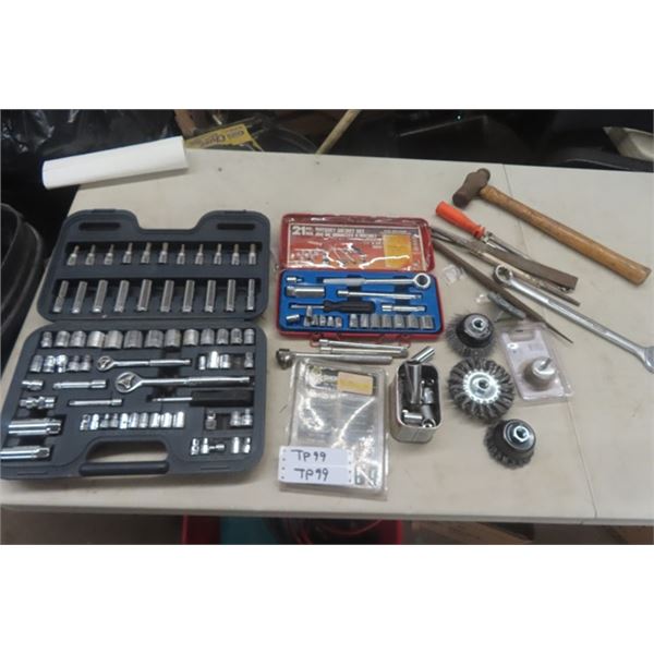 Mastercraft Socket Set in Case, Wire Brush Attachments, Hammer, Second Socket Set, Assorted Sockets