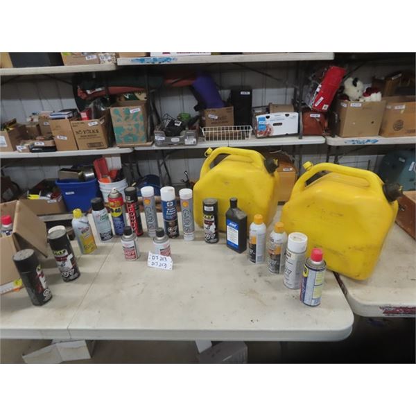 2 Gas Cans, Quick Start, Liquid Wrench, Grease, Cleaners, Lubes- Cans Out of Box are Full, in Box ar