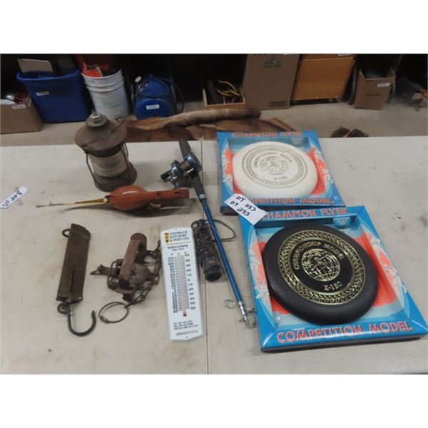Telescope Fishing Rod, Ice Fishing Rod, Trap, Fish Scale, 2 New Old Stock Frisbees, Steinbach Hatche