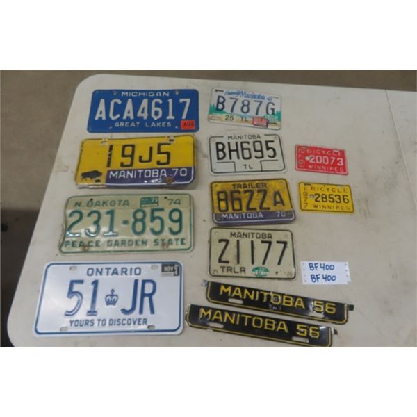 10 Assorted License Plates: Manitoba, Trailer, Bicycle, Michigan, Ontario, North Dakota