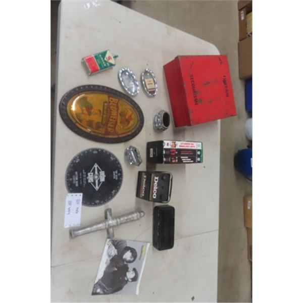 Delco Battery AM Radio, Clint Eastwood 3 VHS Set, Sugar Tin, Chrome Lighter, John Lennon 45, First A