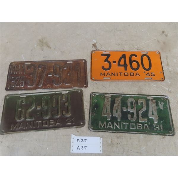 4 Vintage Manitoba License Plates ; 1925, (2) 1931, 1945