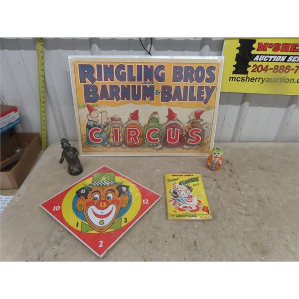 Vintage Circus Clown Lot; Ringing Bros. Barnum + Bailey Poster 17" x 25" , New Old Stock Metal Ring 