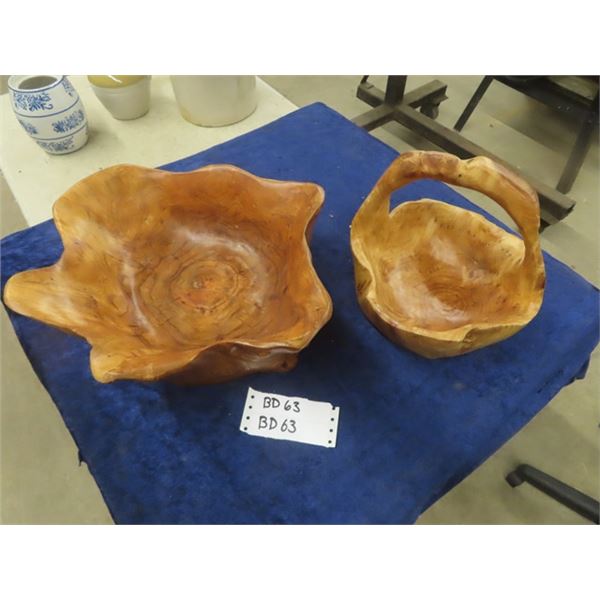 Vintage Mid-Century Modern Burl Bowl 6" x 19" & Burl Basket 9"x9" - Both Very Good Condition