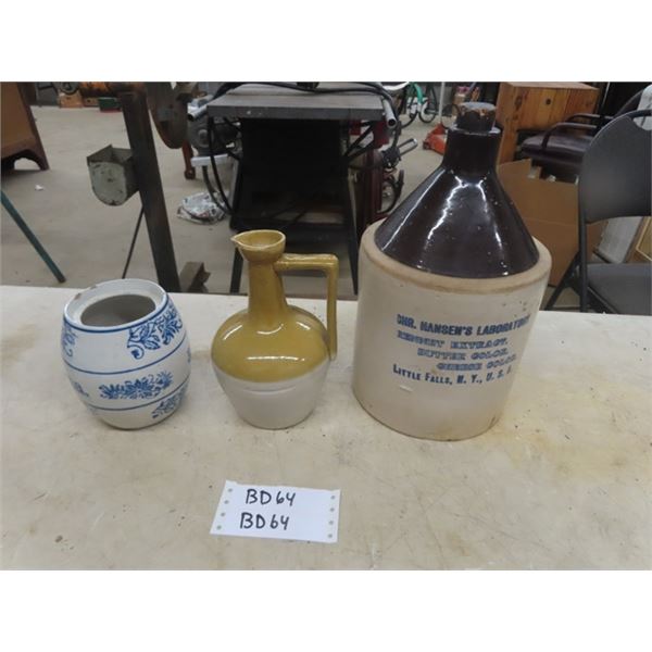 Antique 1 Gal Merchant Crockery Jug Hansens Laboratory, Little Falls NY., Armour + Co. Pouring Jug 