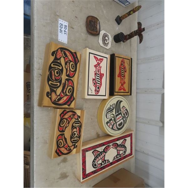 5 Vintage Haida Wooden Boxes - Largest 8" x 18" , 10" Drum, 2 Wooden Totems, Boma Circular Box plus 