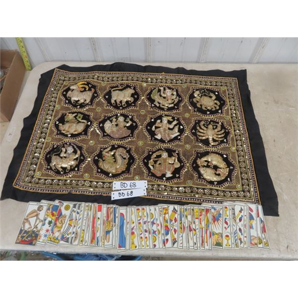 Vintage Fortune Telling Thai Kalaga Tapestry/ Mat 24" x 31" , Gold Thread Sequins, Beads + Tarot Car