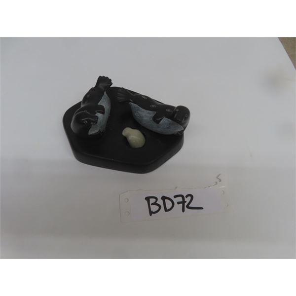 Inuit Soapstone Scultpure Signed in Inuit Script + English- Seals on Iceberg with Great Detail 2.5" 