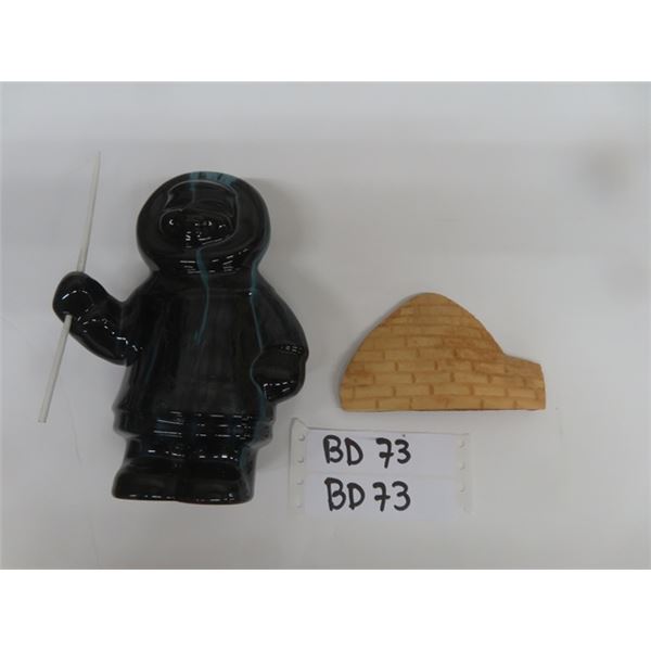 Huronia Pottery 7" Inuit Figure - Excellent Condition & Original Whale Bone Igloo Carving