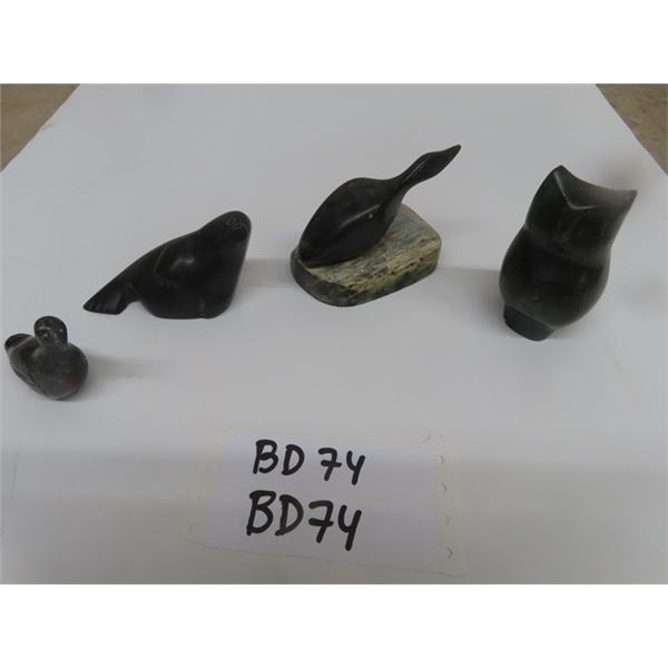 4 Inuit Soapstone Carvings - 3 Are Tagged or Signed - Smallest has No Markings - All Very Good Condi