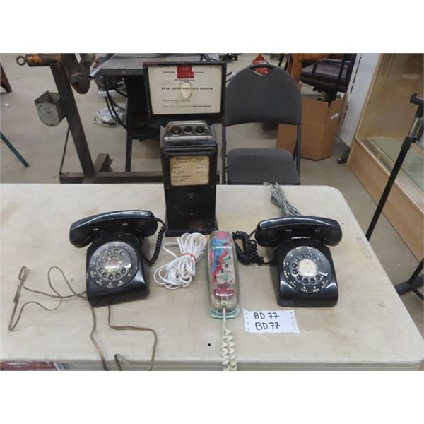 Antique Metal Pay Phone Box with Guts, 2 Rotary Dial Phones, 1 See- Thru Phone