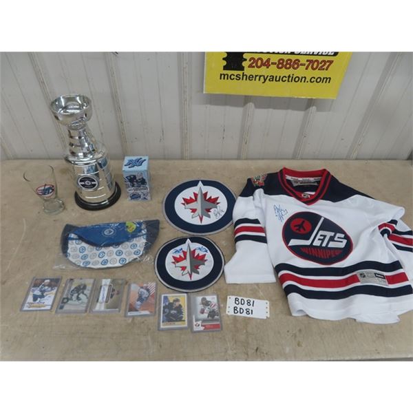 WPG Jets Lot; Stanley Cup Bank 14", Signed Jersey Sz Youth Sm Byfuglien, 3 Signed Crests - Kyle Conn