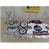 Image 1 : WPG Jets Lot; Stanley Cup Bank 14", Signed Jersey Sz Youth Sm Byfuglien, 3 Signed Crests - Kyle Conn