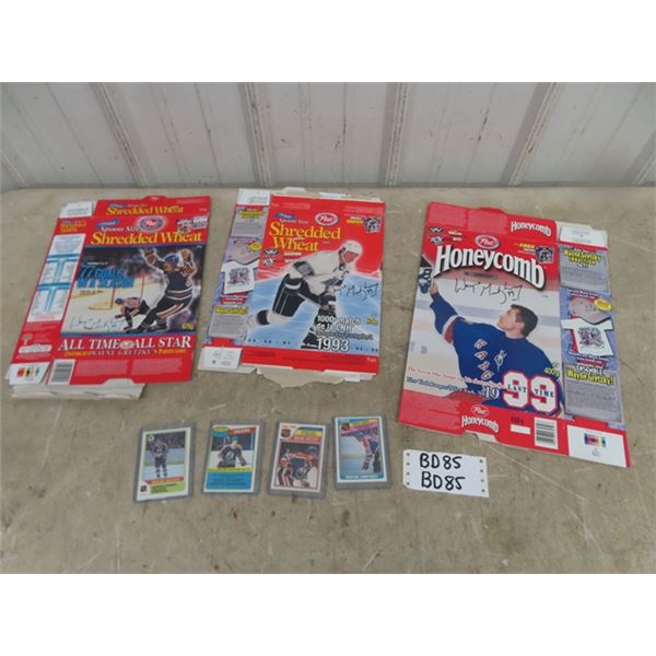 4 Wayne Gretzky Hockey Cards & 3 Cereal Boxes