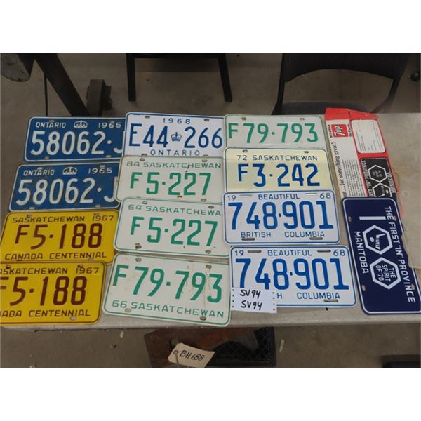 Assorted License Plates ; Saskatchewan, Ontario, BC, Manitoba - 7 Pairs