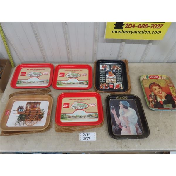 7 Various Coca-Cola Trays; Red River Co-op, Picnic Cart, 1982 Calendar, Menu Girl, 1970's Re-Issue