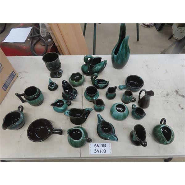 24 pcs of Blue Mountain Pottery; Cups, Creamers, Bowls, Vases plus more
